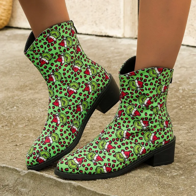 Women Fashion Plus Size Cartoon Print Pointed Toe Back Zipper Short Boots