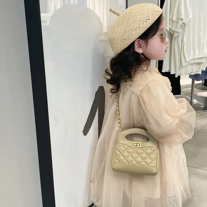 Kids Girls Fashion Sweet Cute Chic Solid Color Block Chain Lock Crossbody Bag