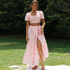 Women Square Neck Ruffled Puff Sleeve Crop Top Side-Slit Knotted Long Skirt Solid Color Vacation Set