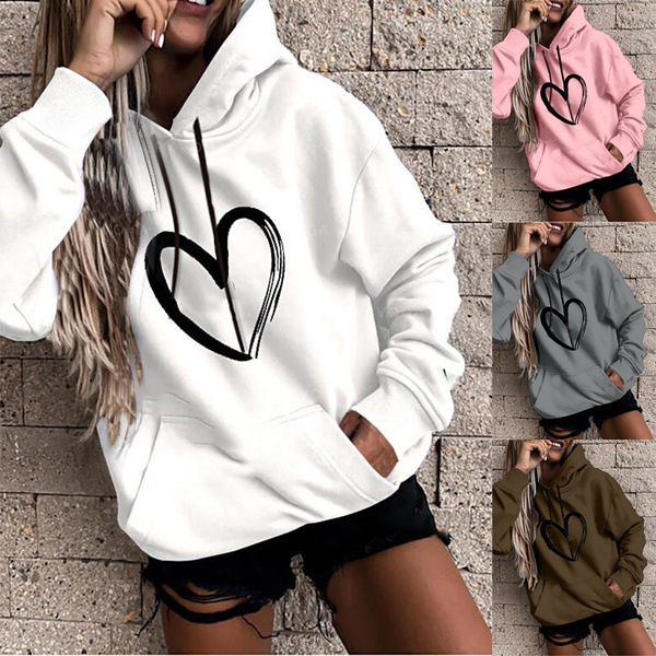 Women Casual Basic Hoodie Fashion Heart Print Long Sleeve Sweatshirt