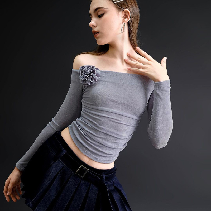 Women Summer Sexy Off-The-Shoulder Long Sleeve Tight-Fitting Pleated Top