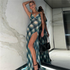 Women'S Fashion Sexy Plaid Halter Neck Backless Slit Dress