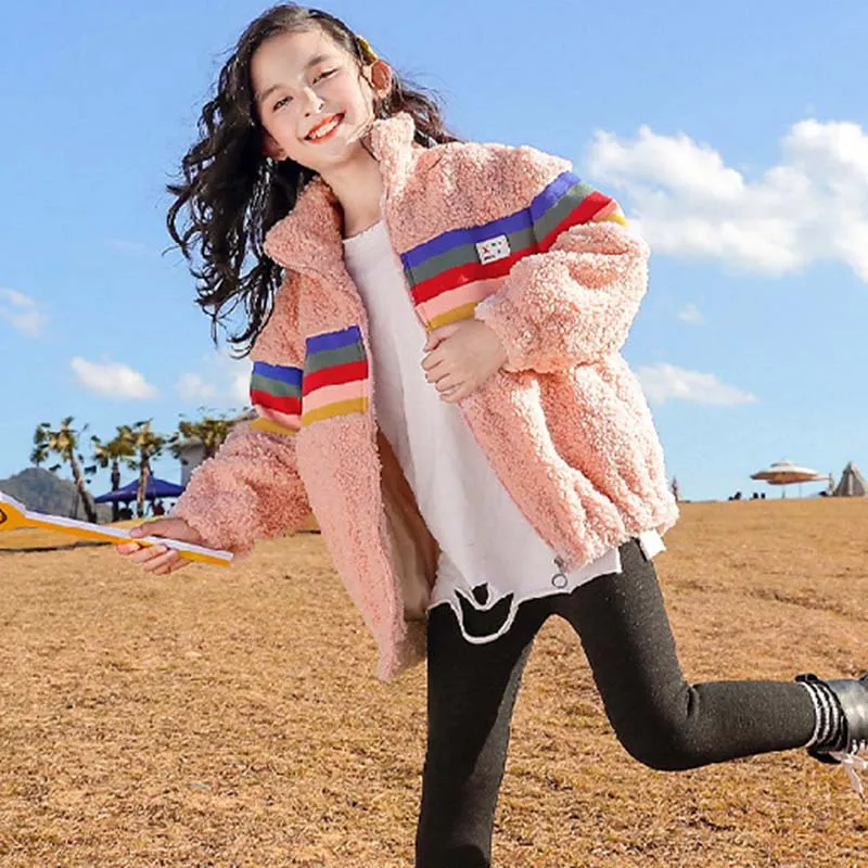 Kids Toddler Big Girls Autumn Winter Casual Cute Rainbow Color Lamb Zipper Stand Collar Long Sleeve Coat