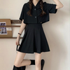 Summer Fashion Young Women All Black Short Sleeve Blazer And Pleated Skirt Set