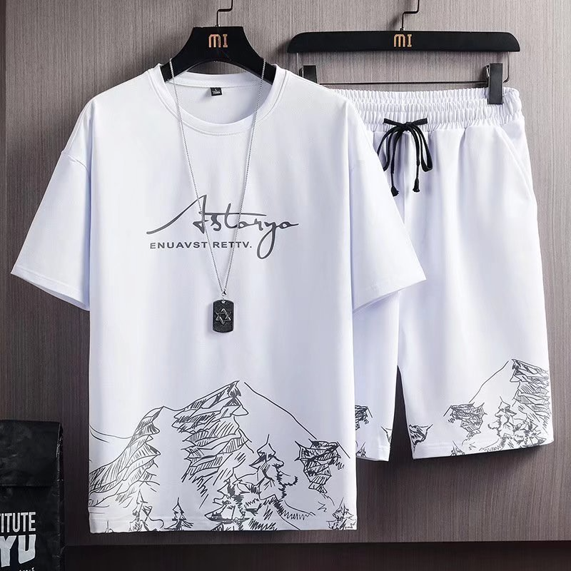 Men'S Casual Snow Mountain Graphic Print Short-Sleeved T-Shirt And Shorts Set