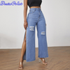 Women Fashion Elegant Casual Loose Ripped Side-Slit Wide Legs Jeans