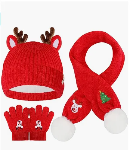 (Buy 1 Get 1) Kids Unisex Autumn Winter Fashion Casual Cute Antlers Baby Christmas Hat Scarf Gloves Three-Piece Set