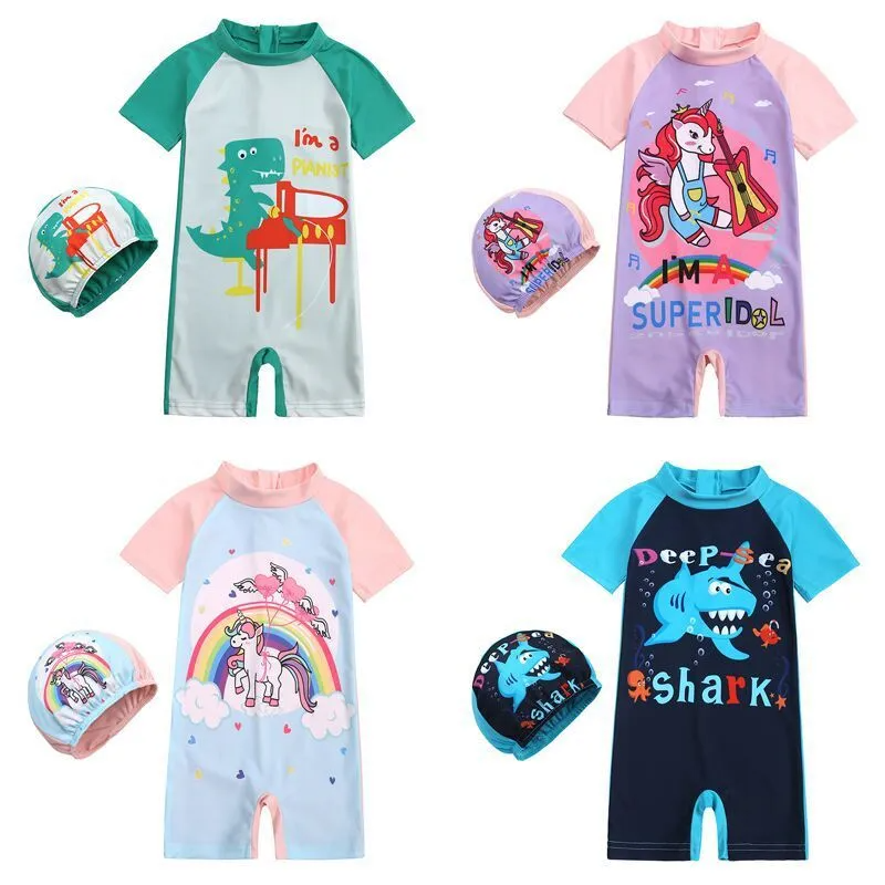 Children Kids Baby Fashion Girls Boys Short Sleeve Cartoon Print Swimsuit