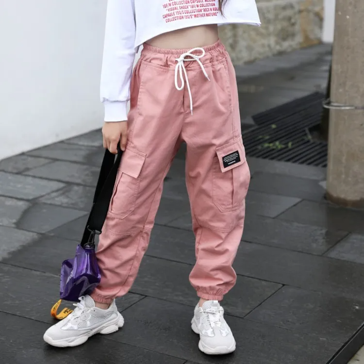 Kids Teen Girl Casual Solid Color Multi-Pocket Cargo Pants