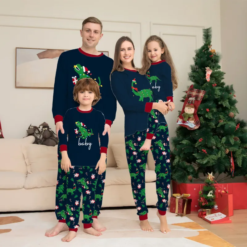 Christmas Cartoon Fashion Dinosaur Letter Printing Round Neck Long Sleeve Home Parent-Child Pajamas Set