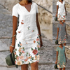 Women Casual Floral Printed Short-Sleeved V-Neck Cotton Linen Midi Dress