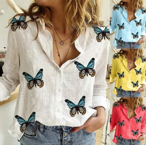 Casual Women Fashion Butterfly Print Long Sleeve Shirt Blouse