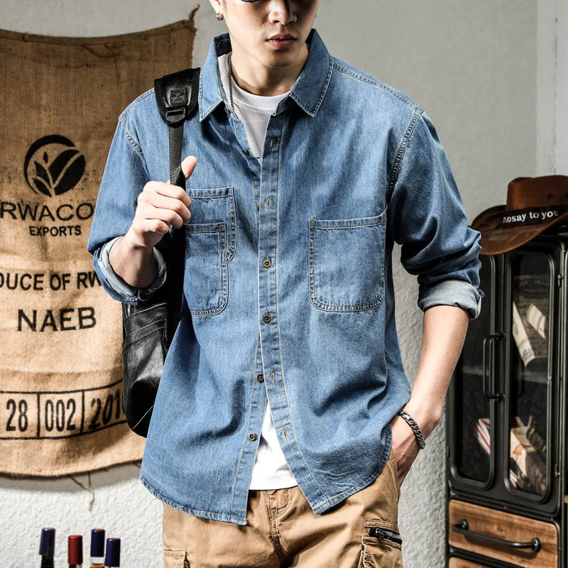 Spring Autumn Men Fashion Casual Long Sleeve Denim Cargo Shirt Jacket