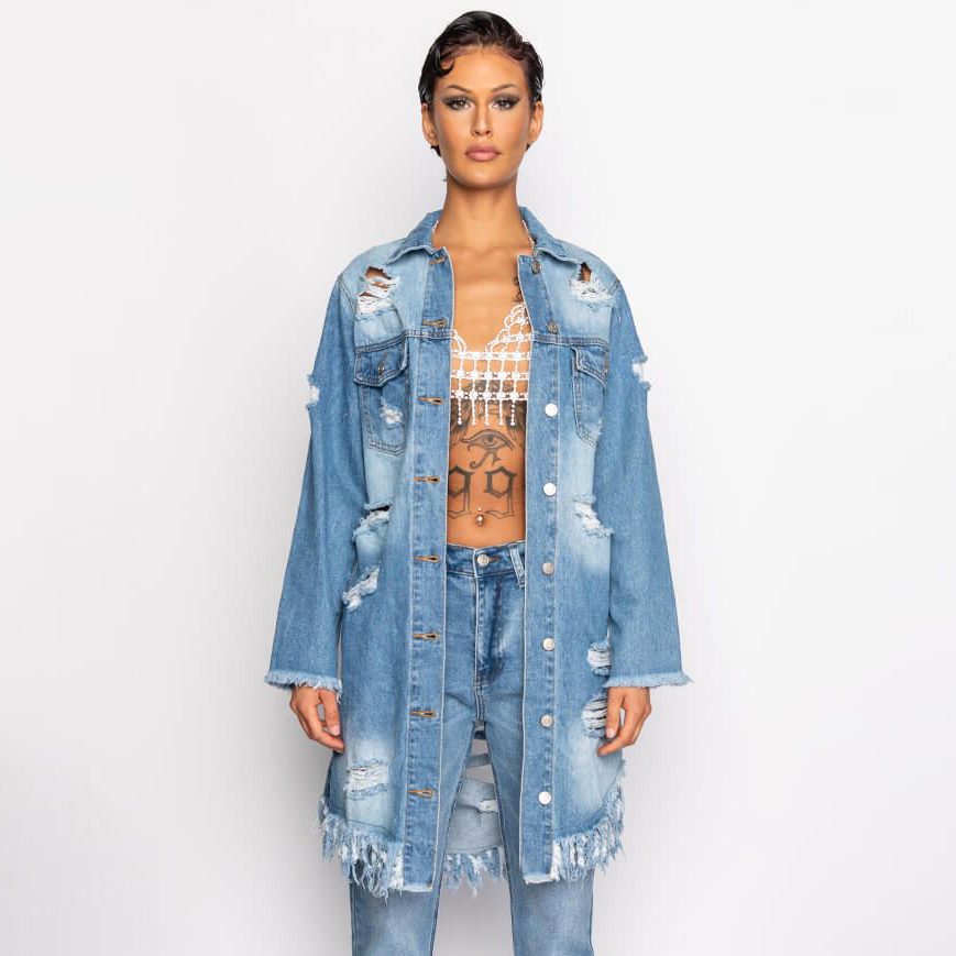 Women'S Fashion Ripped Fringed Long Sleeve Denim Jacket