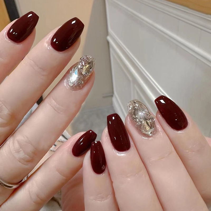 ( Buy 1 Get 2 ) Women Fashion Burgundy Gold Glitter Rhinestone False Nails