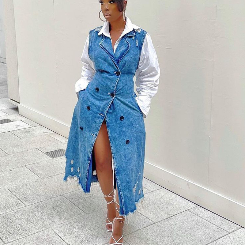 Women'S Fashion Double Breasted Long Sleeveless Denim Vest Overcoat