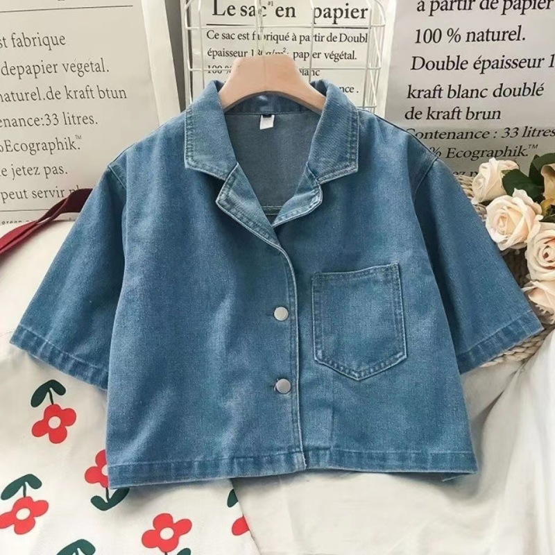 Women'S Retro Casual Short-Sleeved Lapel Loose Denim Shirt