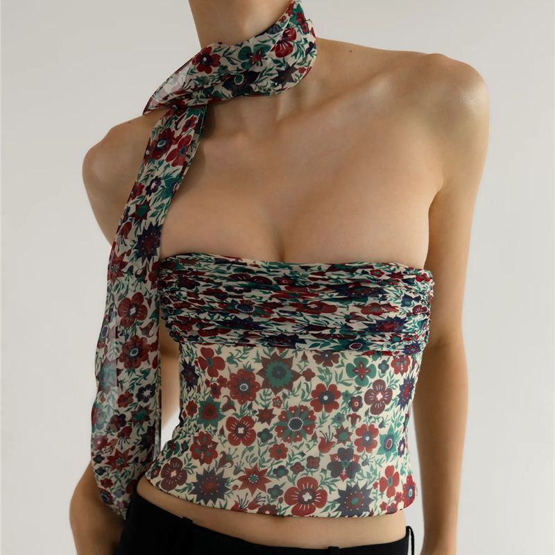 Women Fashion Summer Vacation Floral Printing Slim Tube Top