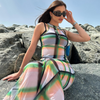 Women Fashion Sexy Plaid Printing Sleeveless Tight Maxi Dress