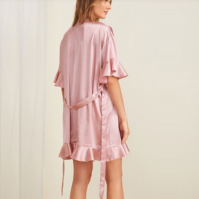 Sexy Ruffle Solid Color Satin Home Pajamas Night-Robe