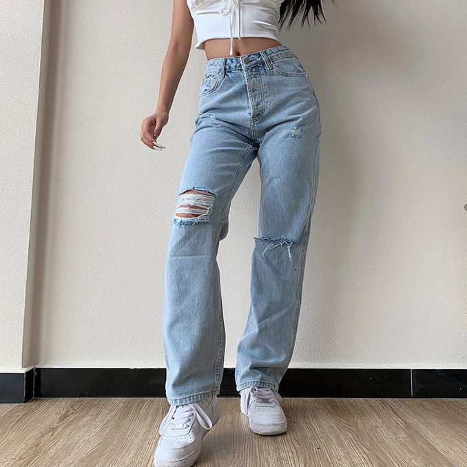 Women High Waist Mom Ripped Jeans Straight Denim Pants