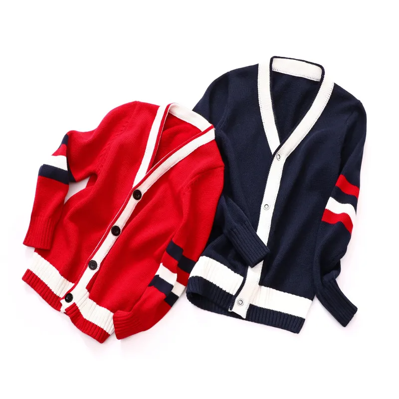 Kids Simple Preppy Stripe Single-Breasted Knit Coat