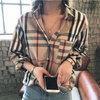 Classic Plaid Women Vintage Office Loose Long-Sleeved Shirt Lapel Blouse