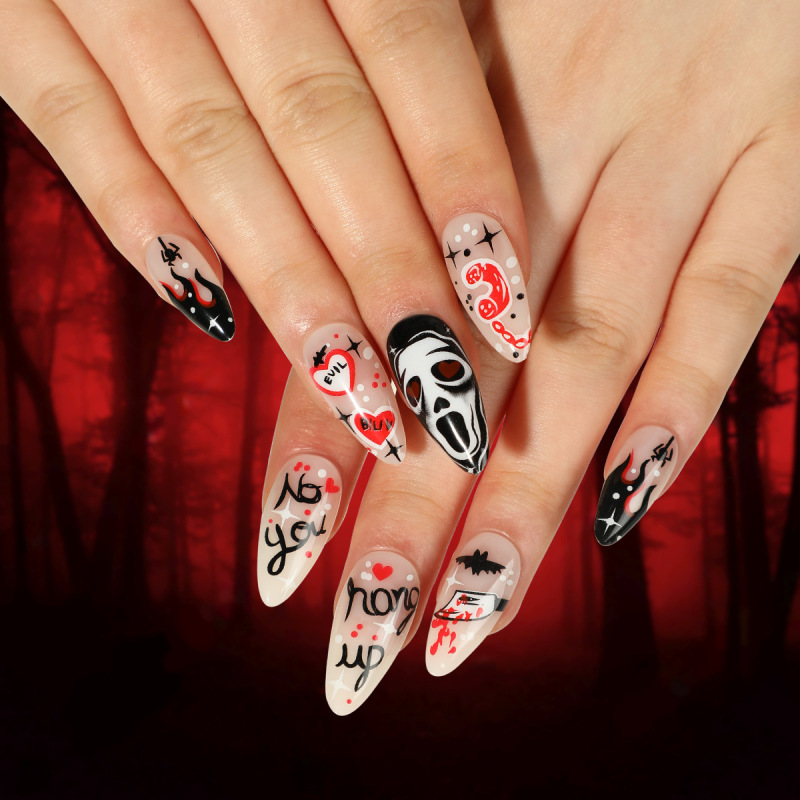 ( Buy 1 Get 2 ) Women Fashion Halloween Black Flame Spider Red Love Skull Wearable False Nails