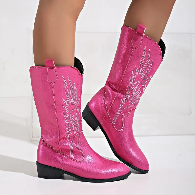 Women Fashion Plus Size V-Mouth Embroidery Pointed Toe Mid-Calf Boots