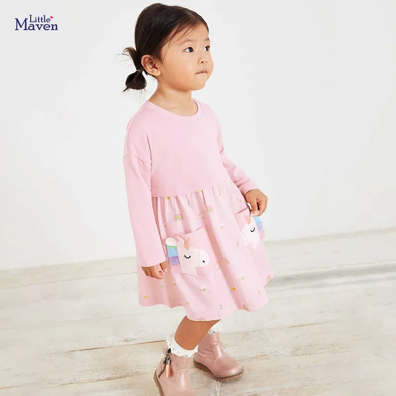 Kids Toddler Big Girls Spring Autumn Fashion Casual Cute Sweet Solid Color Cartoon Pattern Pleated Round Neck Long Sleeve Dress