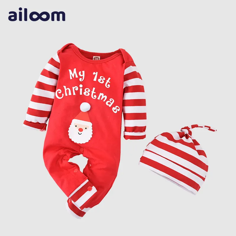 Kids Baby Boys Girls Santa Stripe Long Sleeve Round Neck Romper