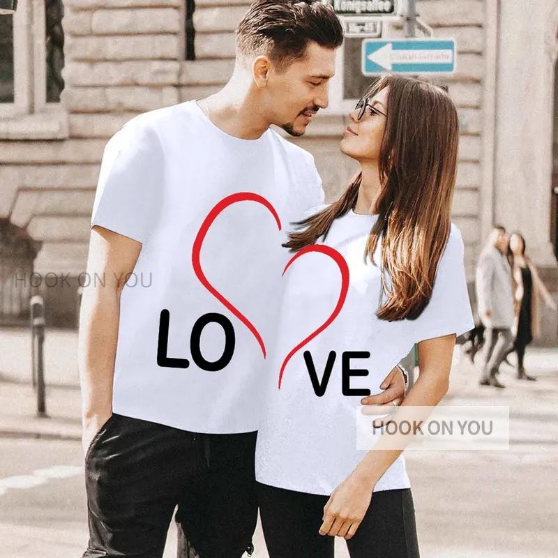 (Buy 1 Get 1) Valentine Day Simple Fashion Heart-Shaped Love Letter Print Round Neck Short-Sleeved Couple T-Shirt