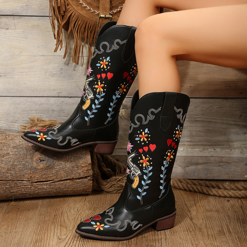 Women Fashion Plus Size Embroidered Point-Toe Boots