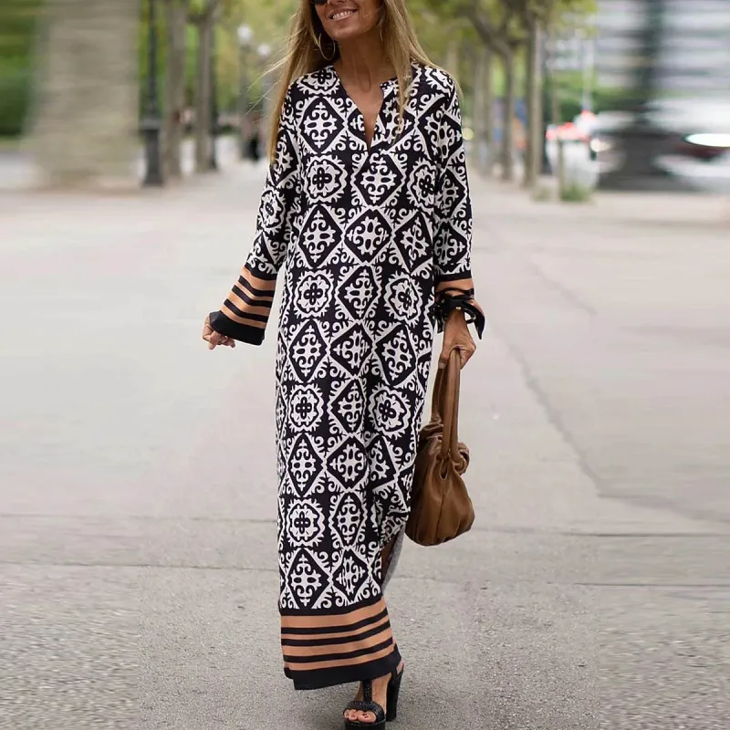 Ramadan /Eid Women Casual Boho Style Geometry Stripe Print Long Sleeve V Neck Loose Maxi Dress