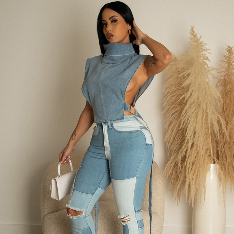 Women Fashion Turtle Neck Sleeveless Denim Top