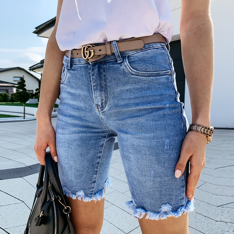 Women Edgy Summer Ripped Fashion Raw Hem Denim Bermuda Shorts