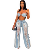 Women Denim Crop Bra Top And Ripped Fringe Trousers Two-Piece Set