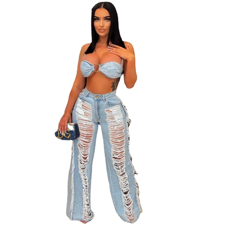 Women Denim Crop Bra Top And Ripped Fringe Trousers Two-Piece Set