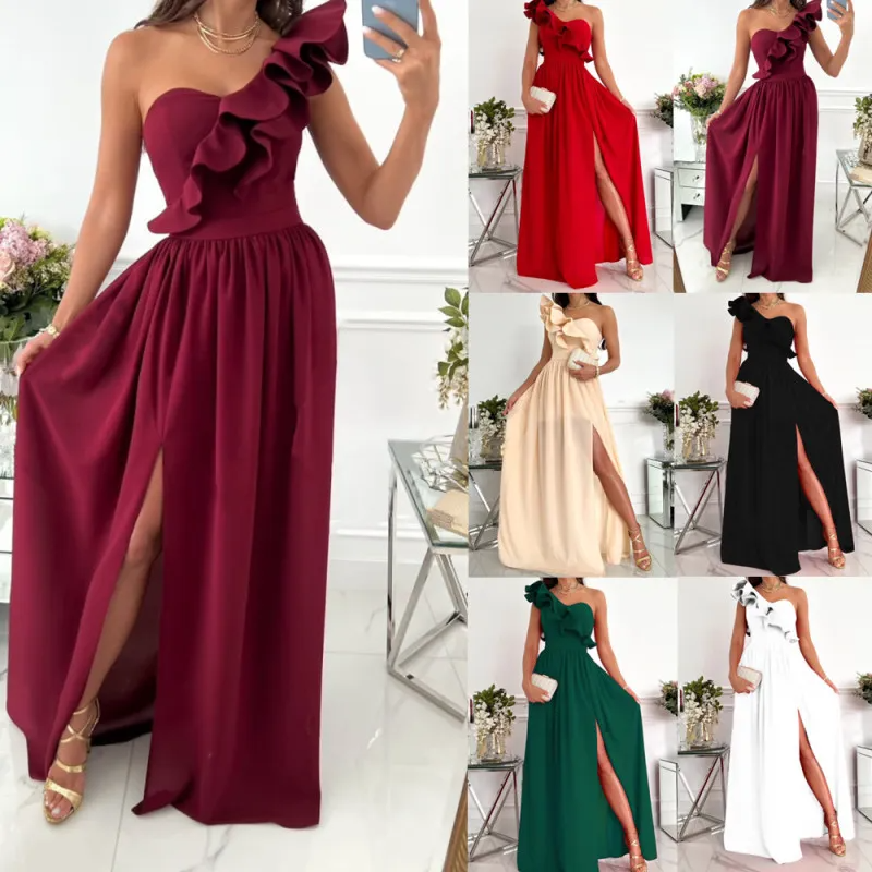 Women Elegant Solid Color One Shoulder Sleeveless Ruffle Side-Slit Dress