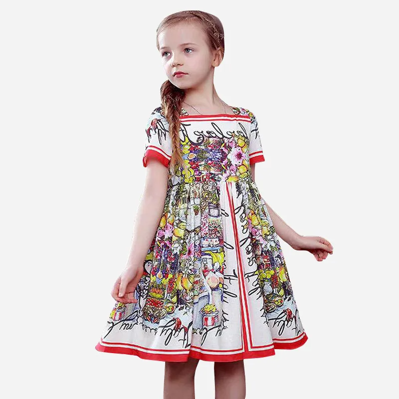 Toddler Kids Girl Fashion Short Sleeve Cotton Full Print Floral Castle Dress