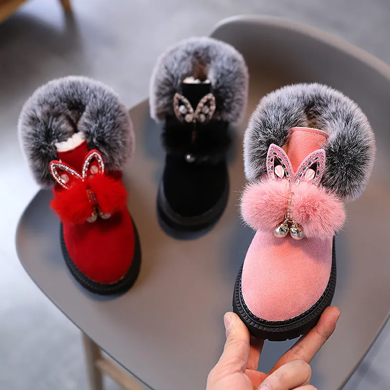 Kids Girls Winter Fashion Casual Round-Toe Thick-Soled Plus Velvet Snow Ankle Boots