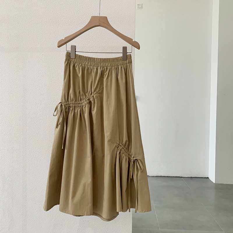 Women Vintage Boho Casual High Waist Irregular Drawstring Mid-Length A-Line Skirt