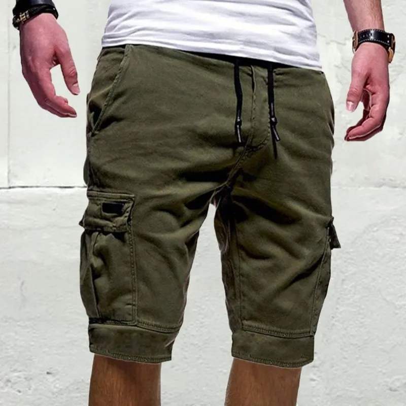 Men Casual Mid-Rise Solid Color Multi-Pocket Sports Shorts