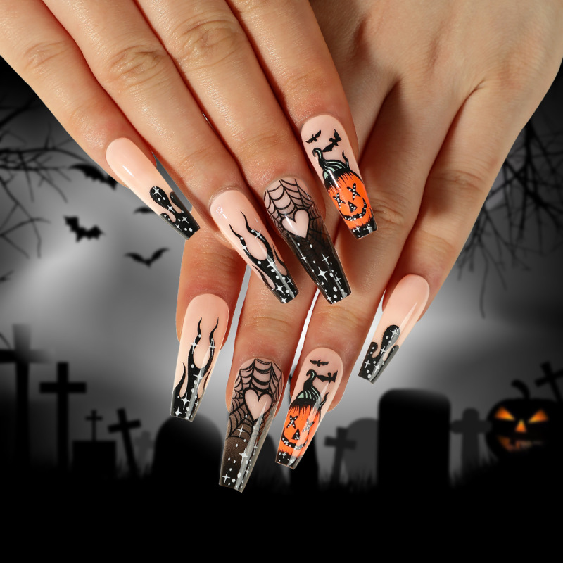 ( Buy 1 Get 2 ) Women Fashion Halloween Black Flame Heart Cobweb Pumpkin Bat Wearable False Nails