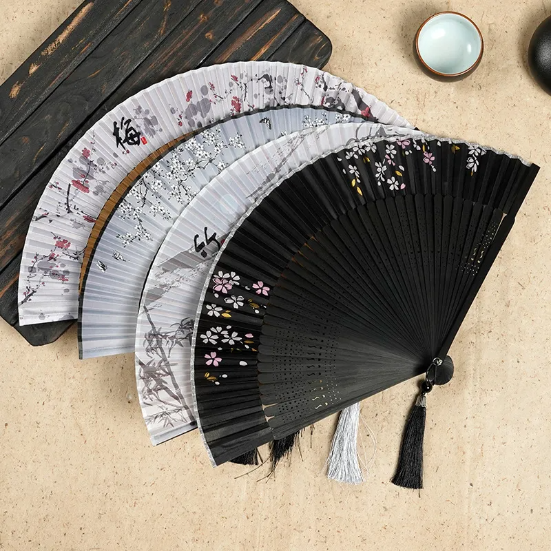 (Buy 1 Get 1) Chinese Style Hand-Painted Plum Blossom Bamboo Fan Tassel 6 Inch Antique Folding Fan