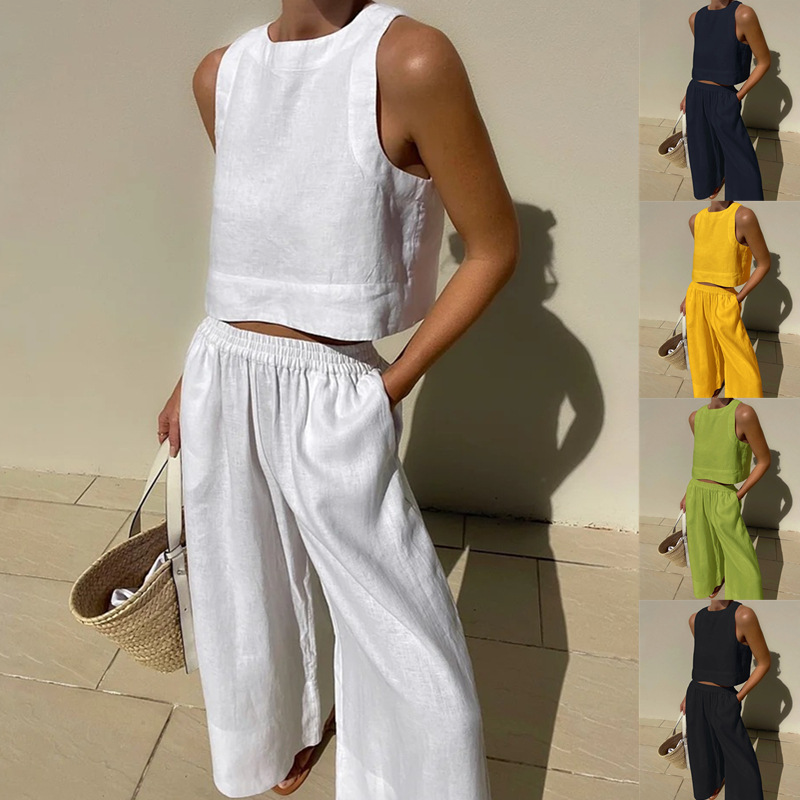 Women Summer Vacation Casual Loose Solid Color Sleeveless Top Wide Leg Pants Two Piece Set