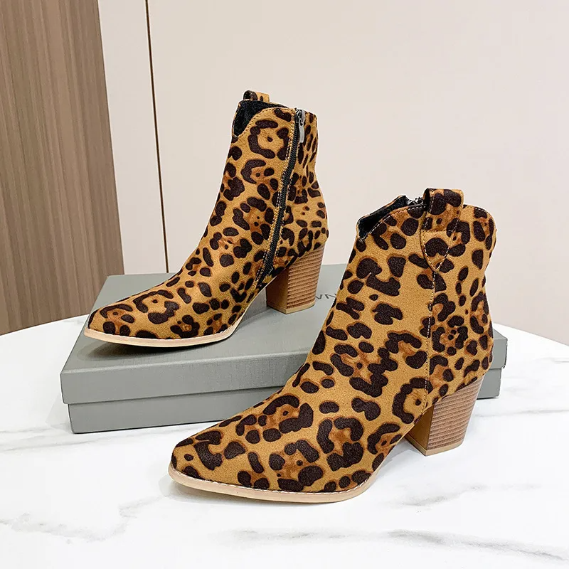 Women Fashion Plus Size Leopard Print Pointed Toe Chunky Heel Short Boots