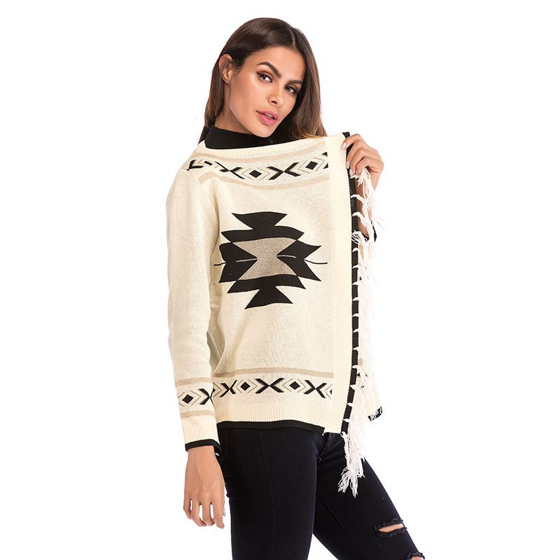 Ethnic Geometric Knitting Tassel Fringed Long-Sleeve Knitted Cardigan