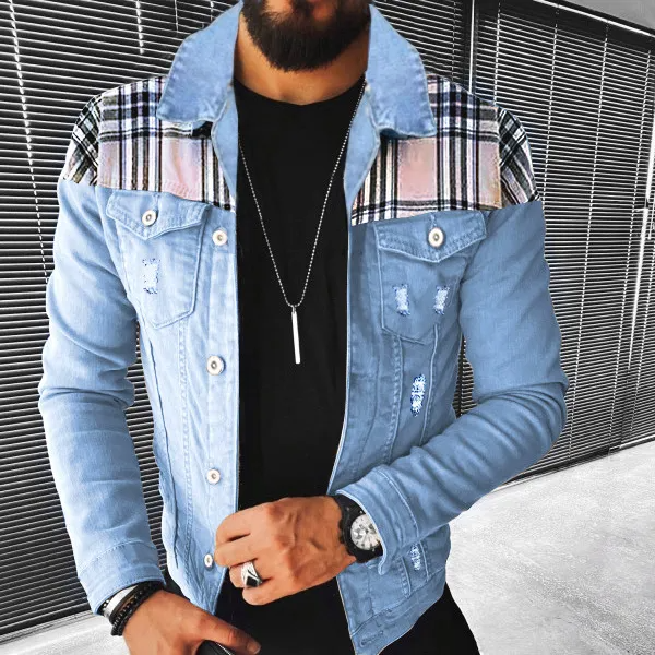 Men'S Casual Multi-Pocket Color-Block Stitching Denim Jacket