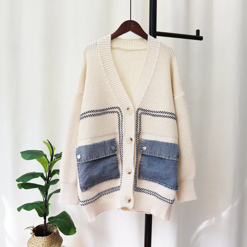 Women  Loose Stitching Denim Knit Cardigan